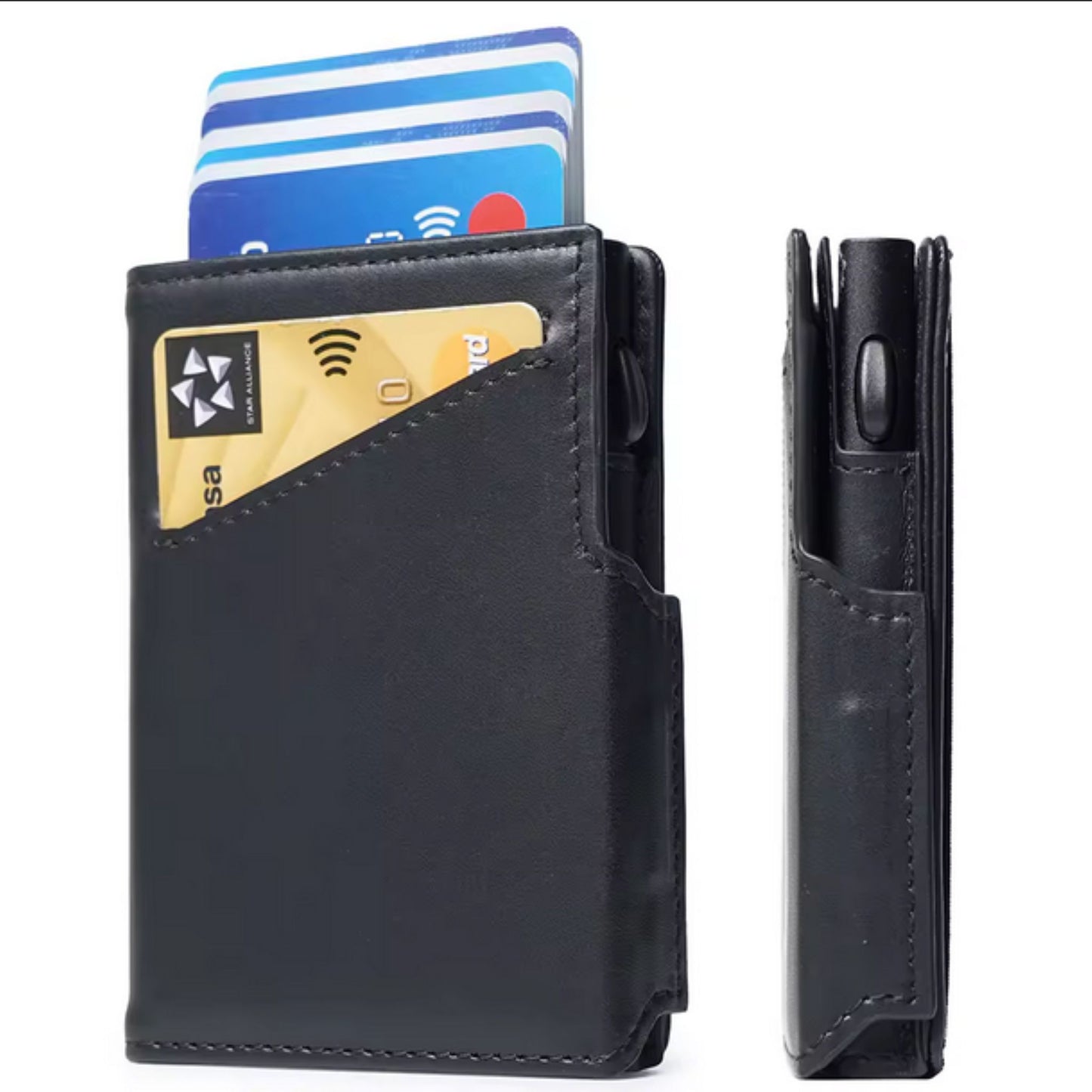 Time Armor RFID blocking leather wallet, color black, front and side