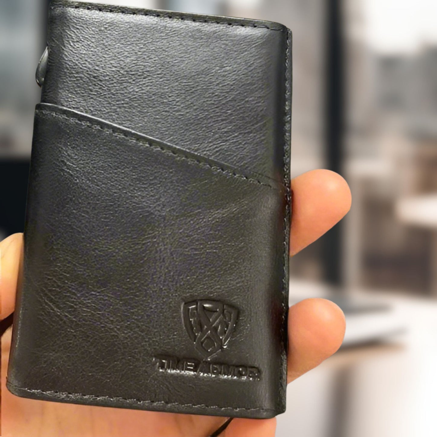 Time Armor RFID blocking leather wallet, color black, closeup front view