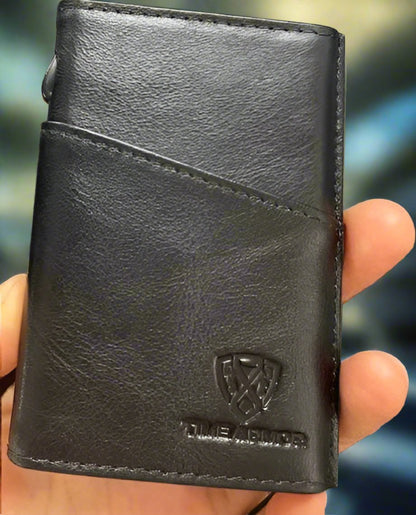 RFID blocking leather wallet, color black, closeup front shot