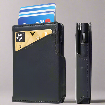 RFID blocking leather wallet, color black, front and side shots