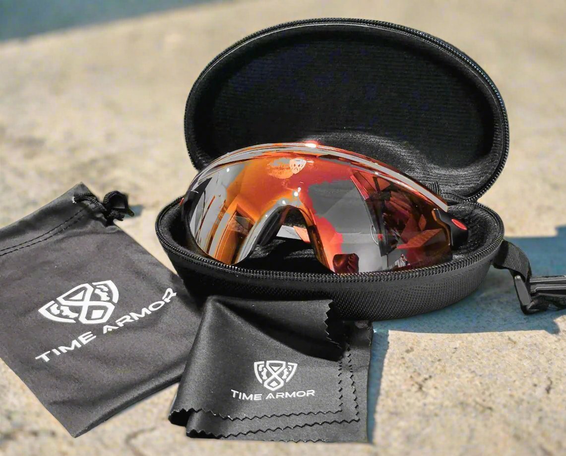 Time Armor Glasses with hard cover case, carry pouch, and cleaning cloth