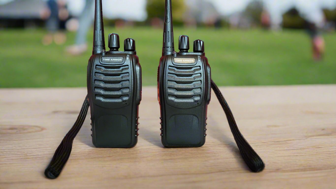 Time Armor walkie talkies, front view, with wrist straps